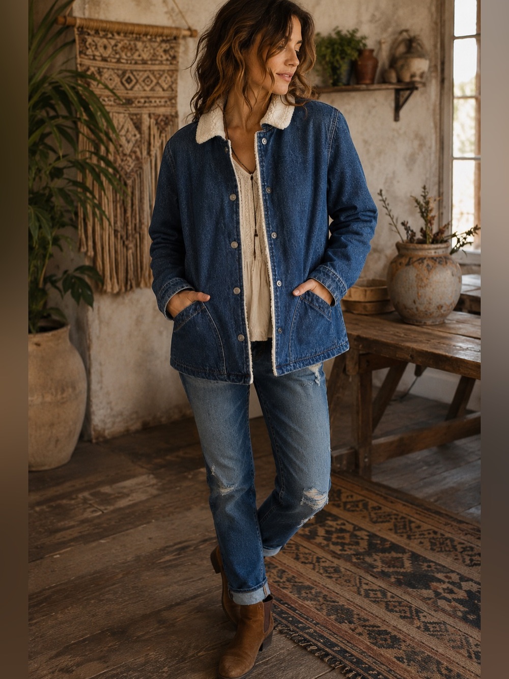 J.Crew Denim Sherpa Lined Jacket Women L Blue Jean Fleece Snap Coat